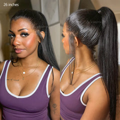 Pre-Styled Widows Peak Ponytail Wig Invisi Strap 360 Lace Wig Glueless Human Hair Yaki Straight Wigs