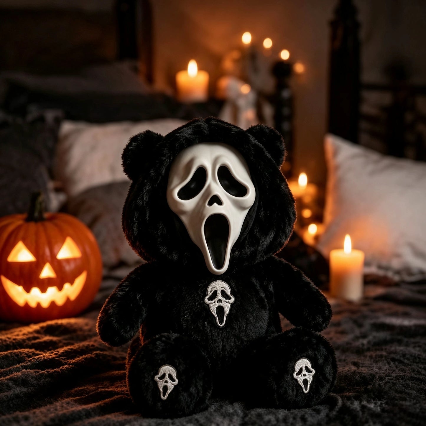Black Bear With Ghost Face Plush Toy Stuffed Bear Doll Halloween Decor Gift