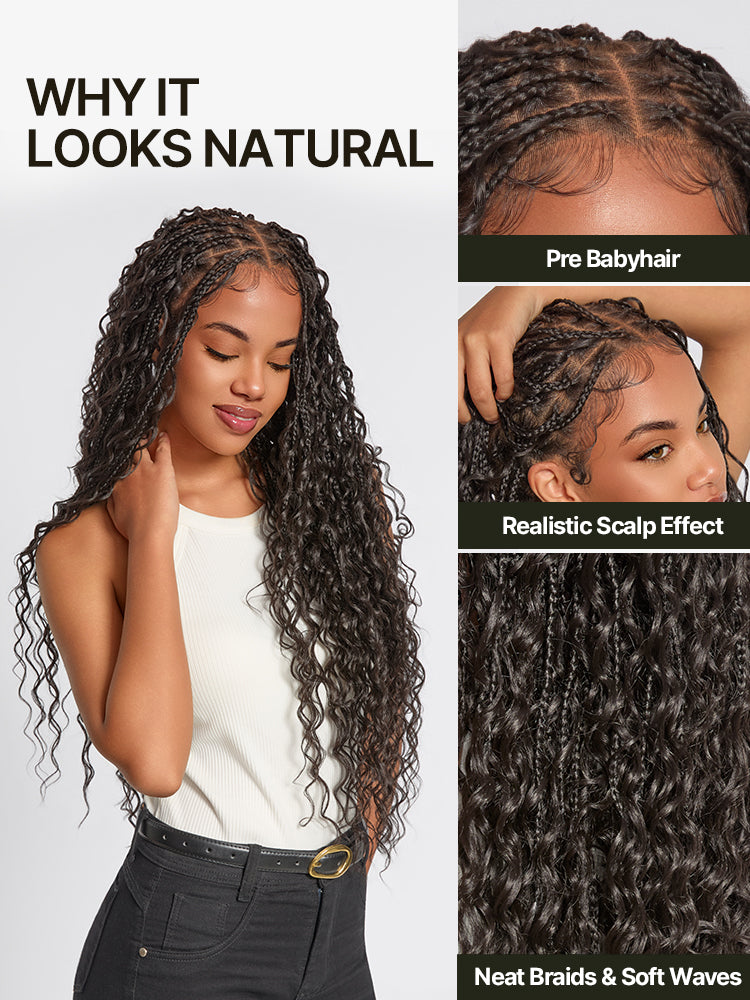 Frodio Veralux™ Fiber Full Lace Boho Braids Synthetic Box Braid Wig – Grid-Part Top with Mixed Boho Curls-62