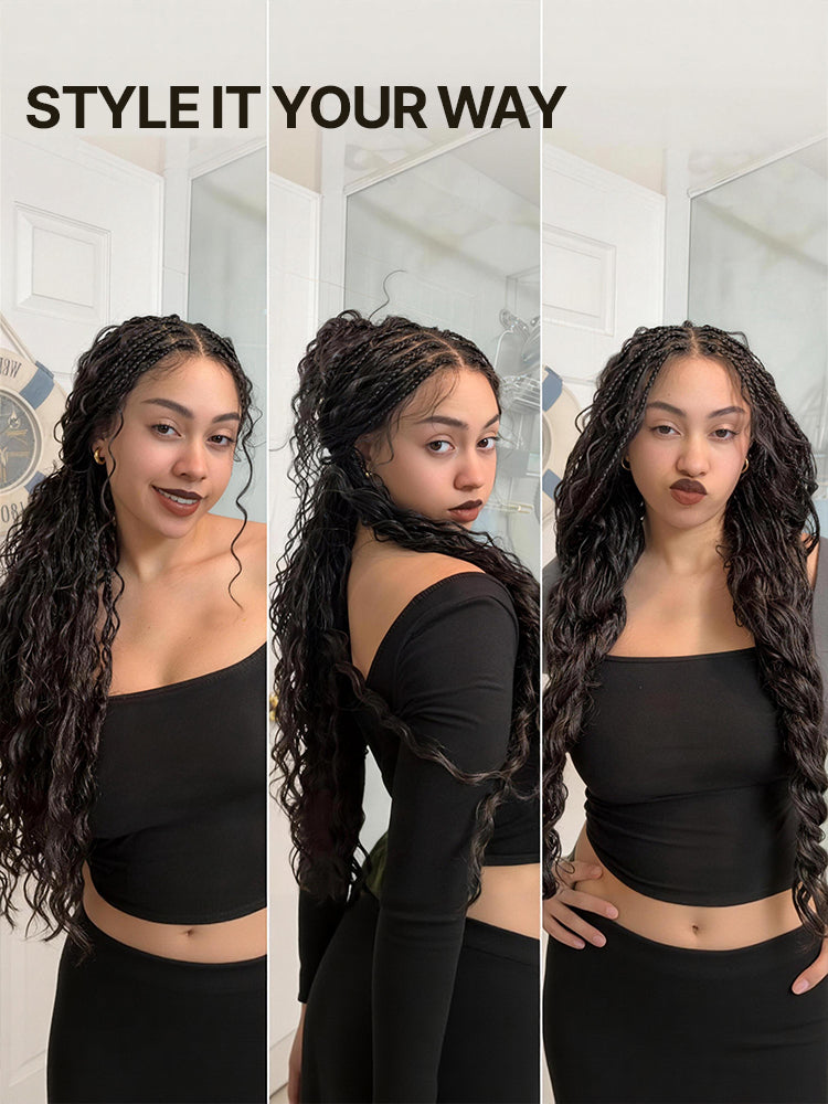 Frodio Veralux™ Fiber Full Lace Boho Braids Synthetic Box Braid Wig – Grid-Part Top with Mixed Boho Curls-63