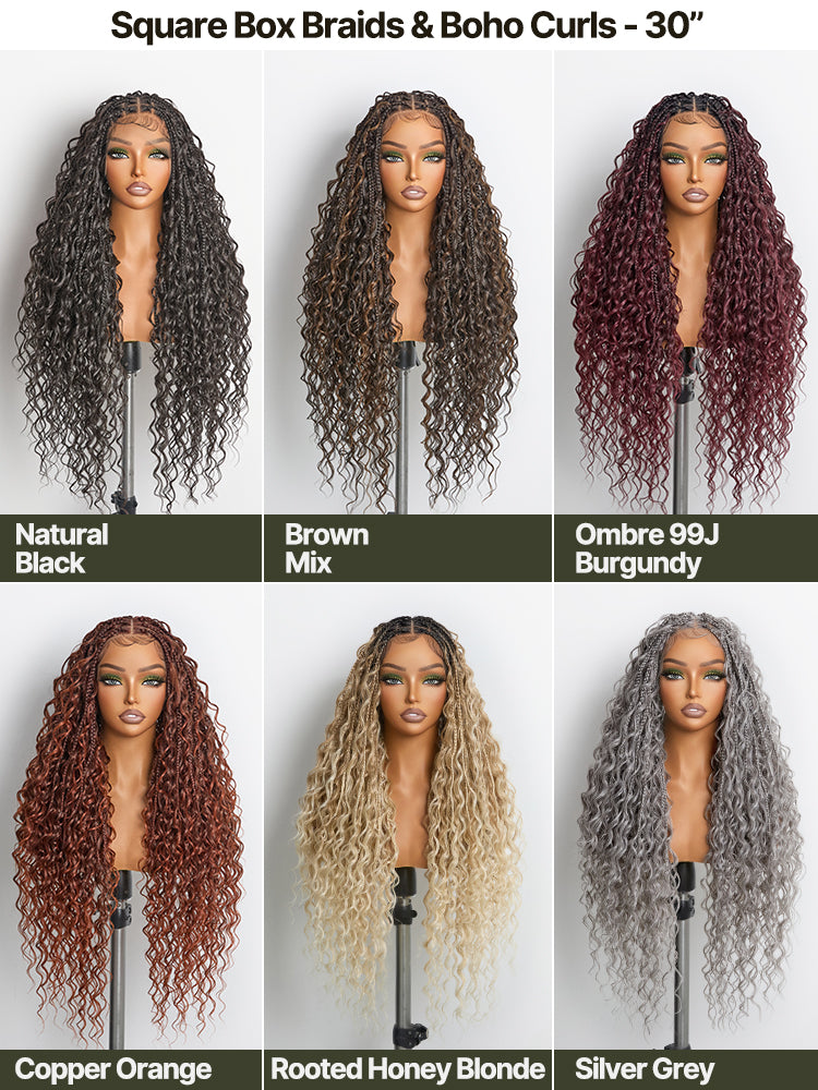 Frodio Veralux™ Fiber Full Lace Boho Braids Synthetic Box Braid Wig – Grid-Part Top with Mixed Boho Curls-65
