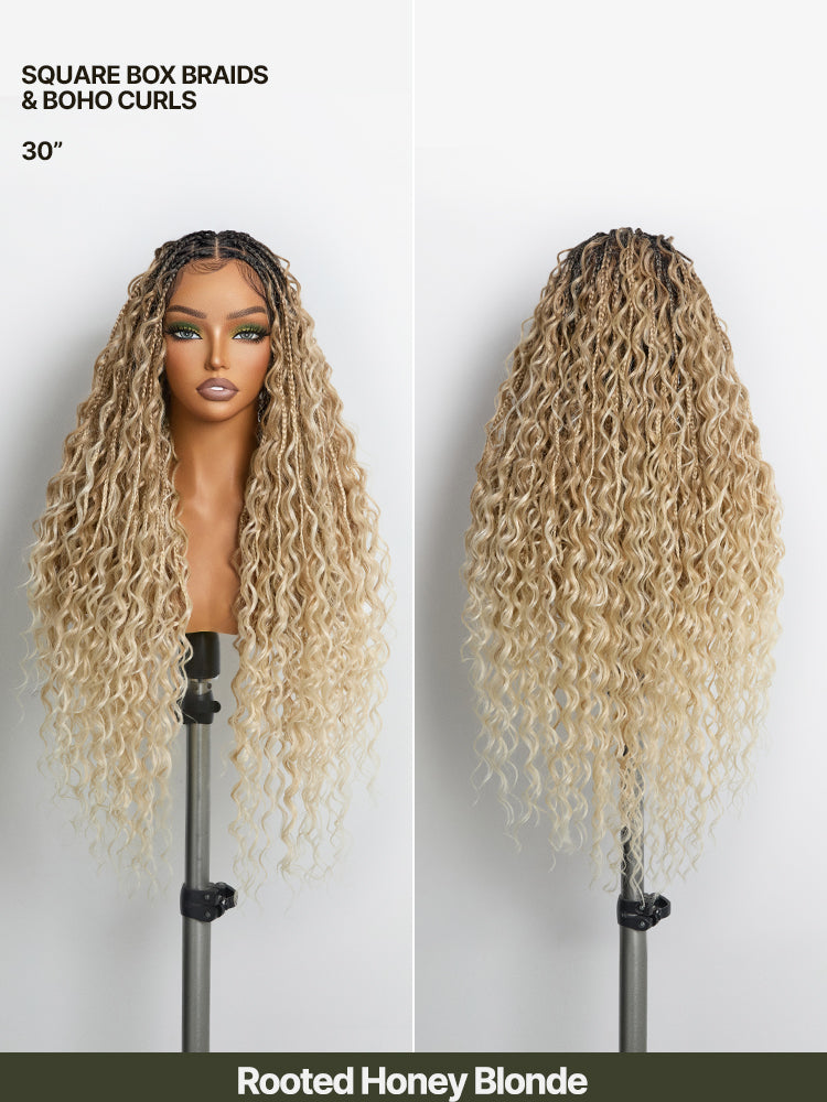 Frodio Veralux™ Fiber Full Lace Boho Braids Synthetic Box Braid Wig – Grid-Part Top with Mixed Boho Curls-72