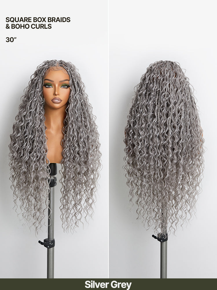 Frodio Veralux™ Fiber Full Lace Boho Braids Synthetic Box Braid Wig – Grid-Part Top with Mixed Boho Curls-73