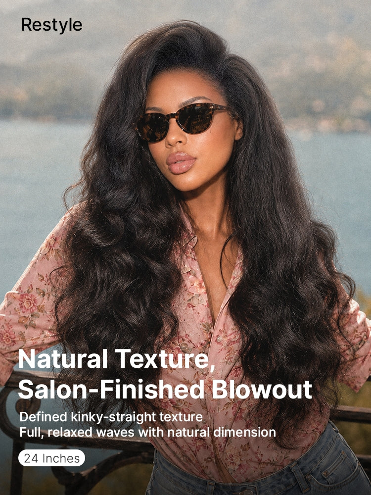 Luvme All-Day Comfort™ HD lace wig with layered kinky body wave and straight parting, 7x6 closure, high-density, glueless fit