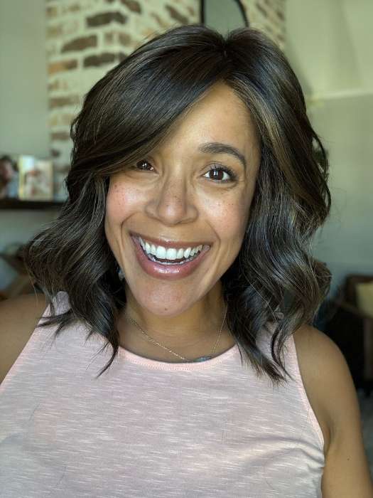 Brea @getwiggywithbrea wearing SIMMER ELITE by RAQUEL WELCH WIGS in color RL4/10SS ICED JAVA | Off Black Shaded with Dark Brown