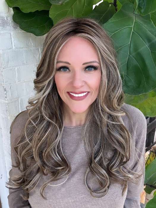 Marcie M. @wig.obsessed wearing MODEL MODE by RAQUEL WELCH in color RL12/22SS SHADED CAPPUCCINO | Light Golden Brown Evenly Blended with Cool Platinum Blonde Highlights with Dark Roots 